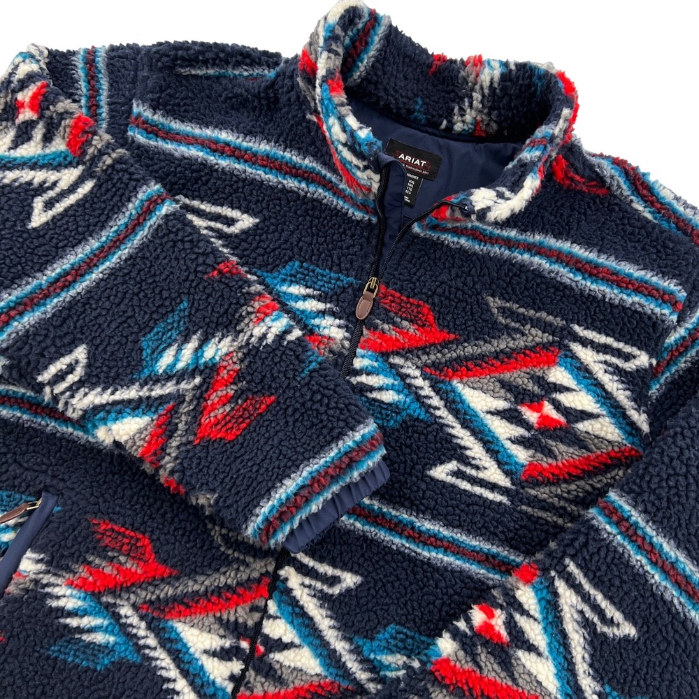 Ariat Chimayo Fleece Jacket Mens XXL Blue Southwestern Sherpa Full Zip Deep Pile